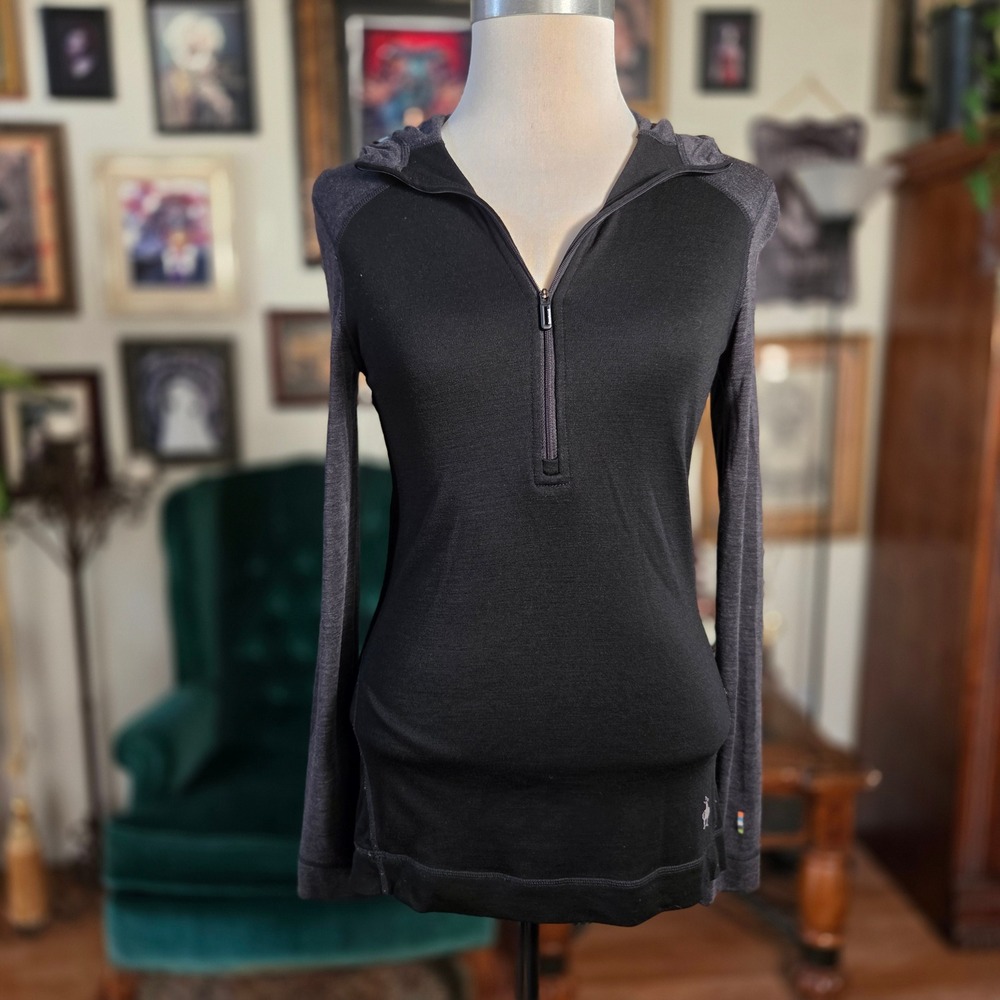 Smartwool Merino 250 Hoodie Womens Medium Black Gray Quarter Zip Base Layer Top